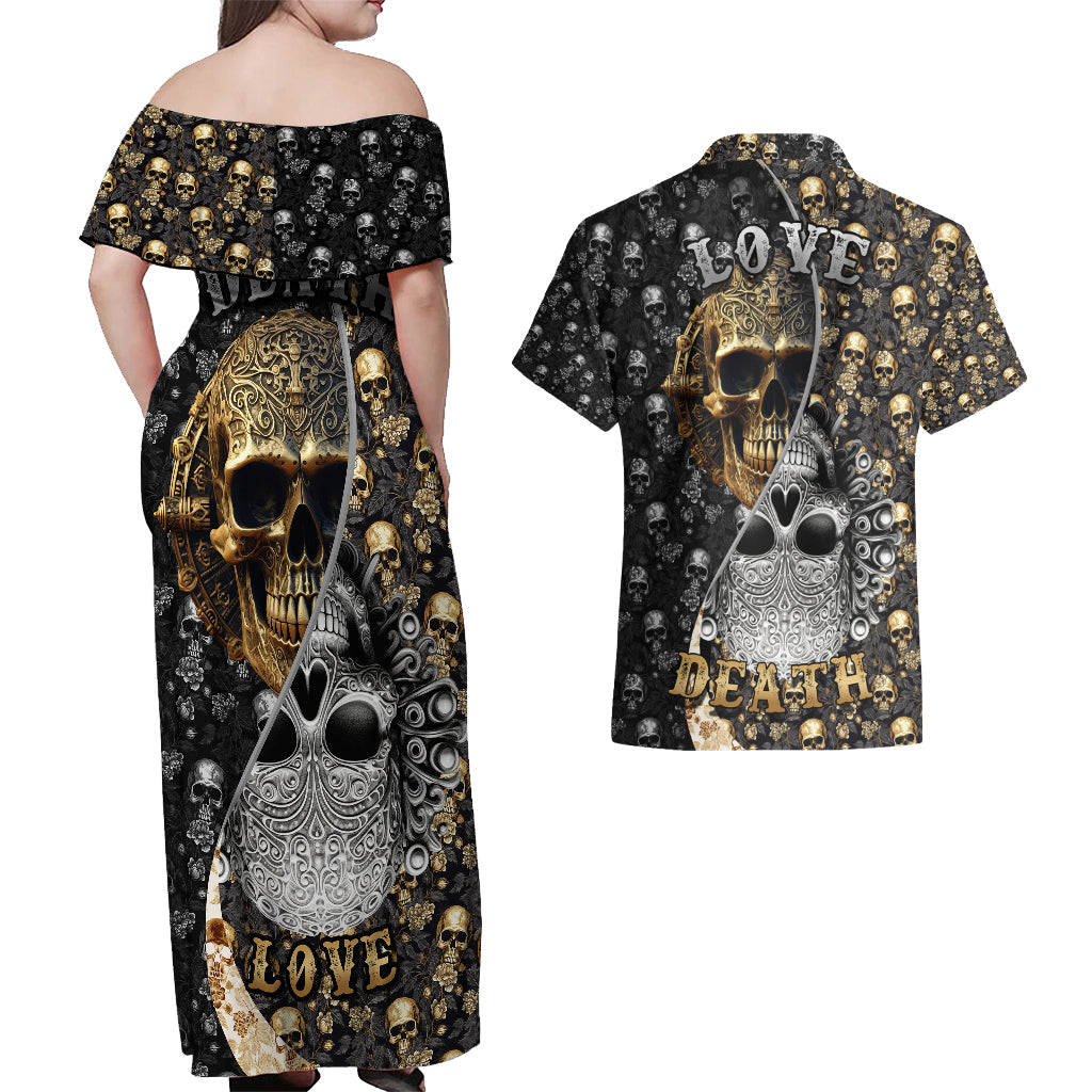 Skull Pattern Couples Matching Off Shoulder Maxi Dress and Hawaiian Shirt Love and Death - Wonder Print Shop