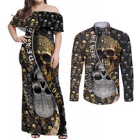 Skull Pattern Couples Matching Off Shoulder Maxi Dress and Long Sleeve Button Shirts Love and Death - Wonder Print Shop