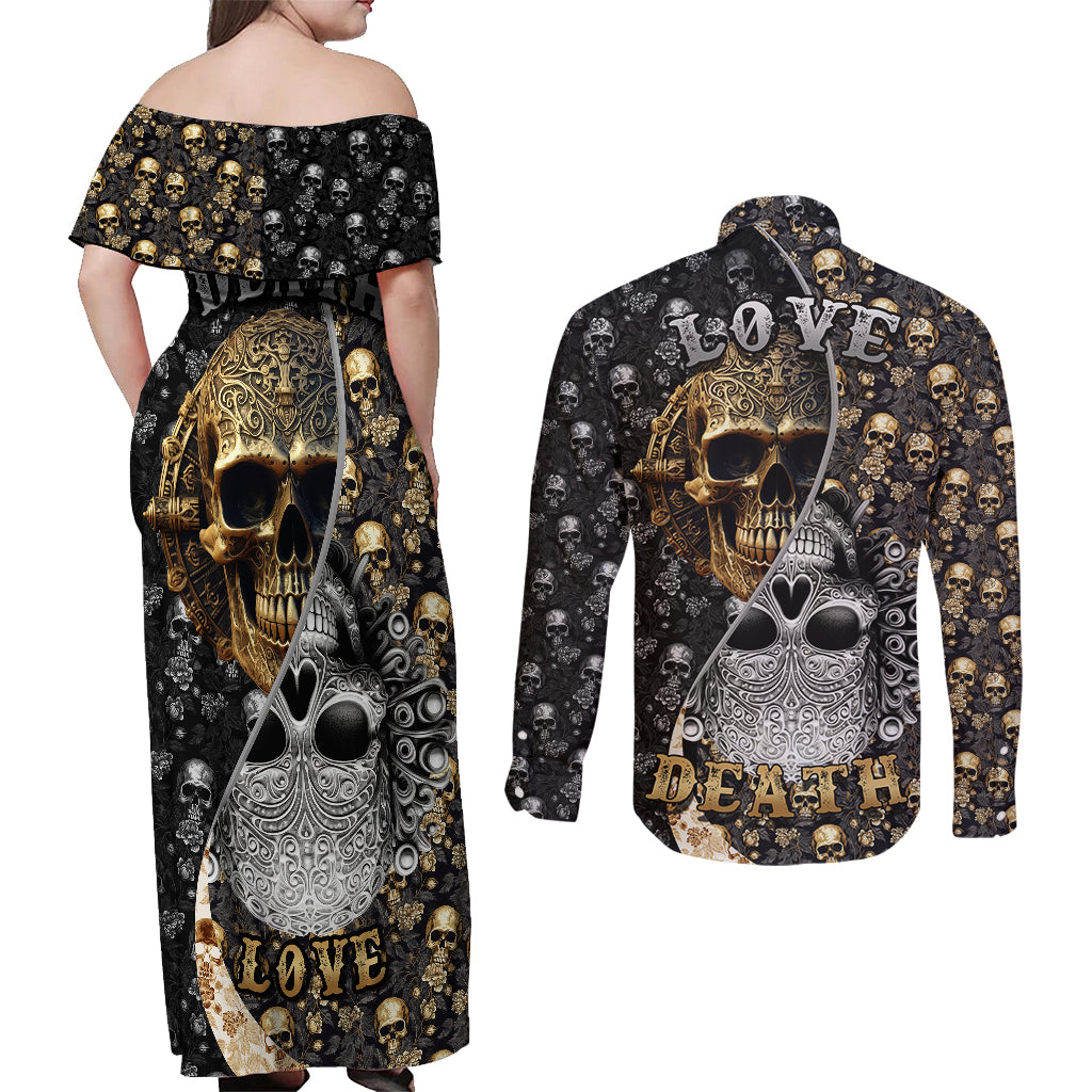 Skull Pattern Couples Matching Off Shoulder Maxi Dress and Long Sleeve Button Shirts Love and Death - Wonder Print Shop