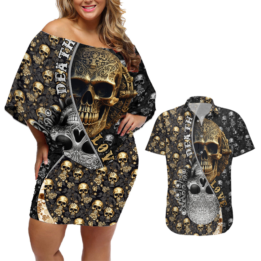 Skull Pattern Couples Matching Off Shoulder Short Dress and Hawaiian Shirt Love and Death - Wonder Print Shop