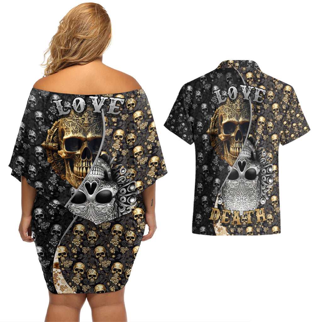 Skull Pattern Couples Matching Off Shoulder Short Dress and Hawaiian Shirt Love and Death - Wonder Print Shop