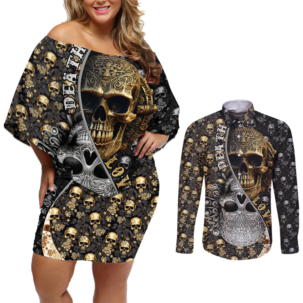 Skull Pattern Couples Matching Off Shoulder Short Dress and Long Sleeve Button Shirts Love and Death - Wonder Print Shop