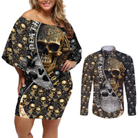 Skull Pattern Couples Matching Off Shoulder Short Dress and Long Sleeve Button Shirts Love and Death - Wonder Print Shop