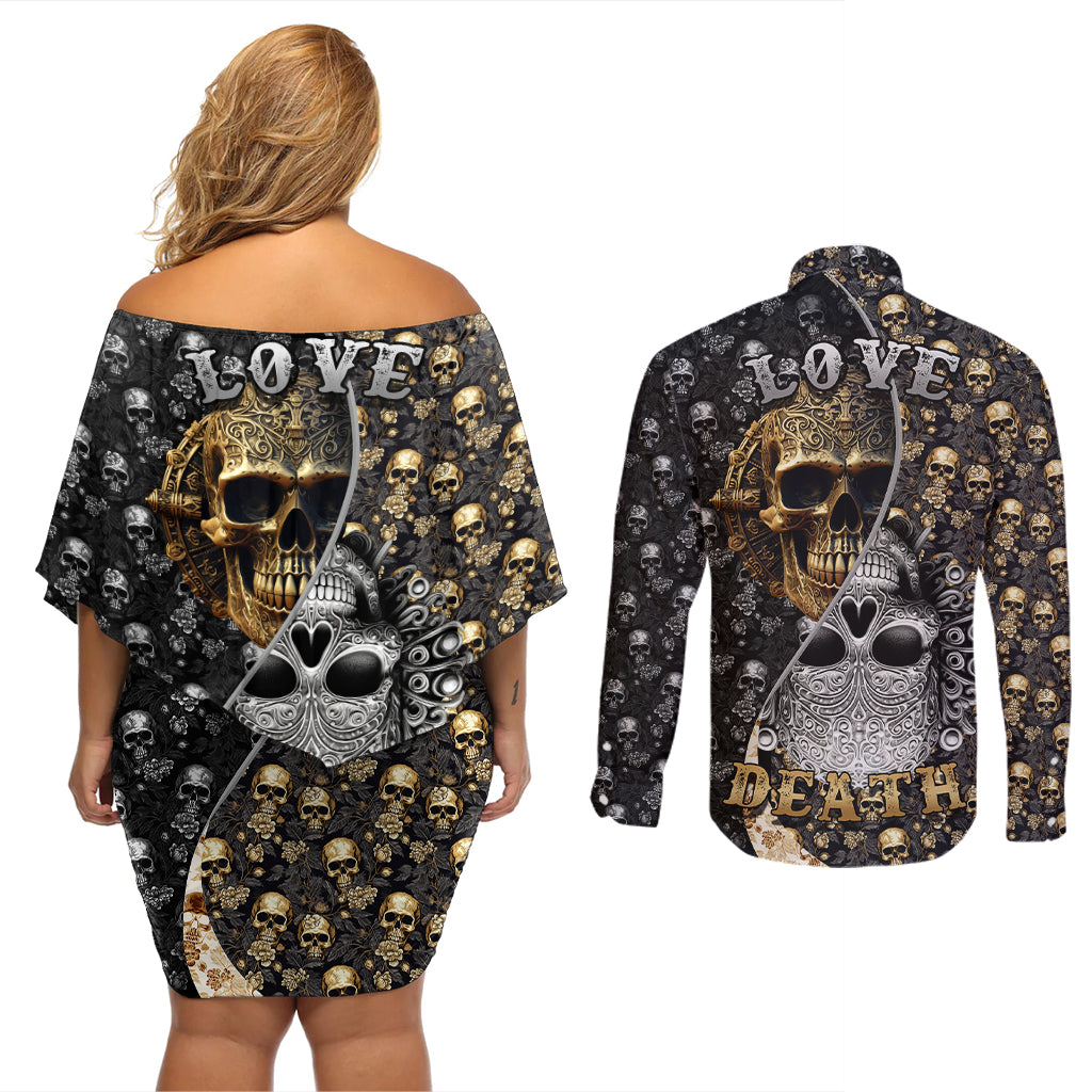 Skull Pattern Couples Matching Off Shoulder Short Dress and Long Sleeve Button Shirts Love and Death - Wonder Print Shop