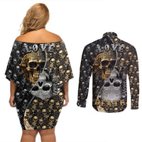 Skull Pattern Couples Matching Off Shoulder Short Dress and Long Sleeve Button Shirts Love and Death - Wonder Print Shop