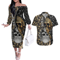 Skull Pattern Couples Matching Off The Shoulder Long Sleeve Dress and Hawaiian Shirt Love and Death - Wonder Print Shop