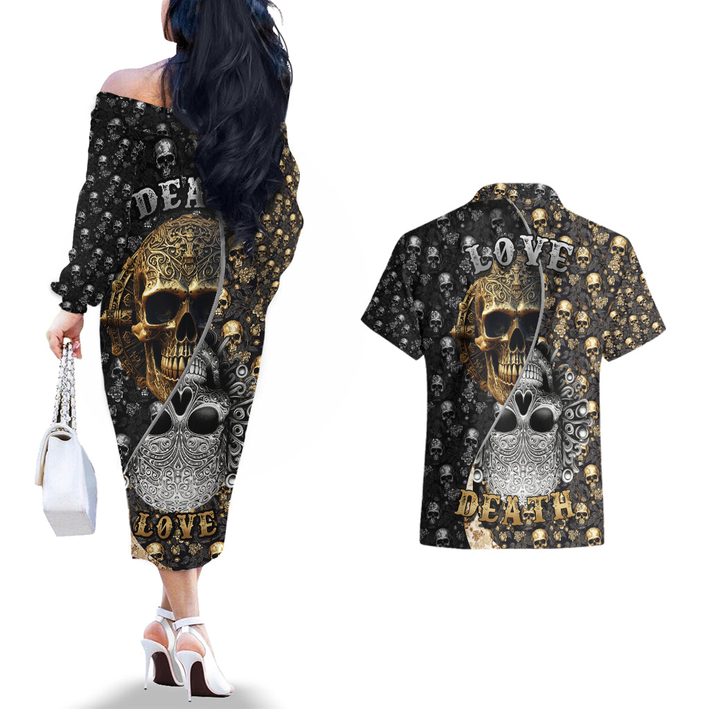 Skull Pattern Couples Matching Off The Shoulder Long Sleeve Dress and Hawaiian Shirt Love and Death - Wonder Print Shop