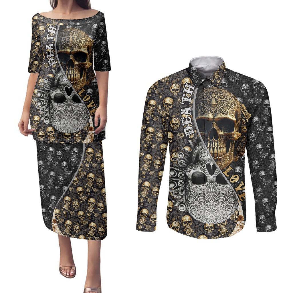 Skull Pattern Couples Matching Puletasi Dress and Long Sleeve Button Shirts Love and Death - Wonder Print Shop