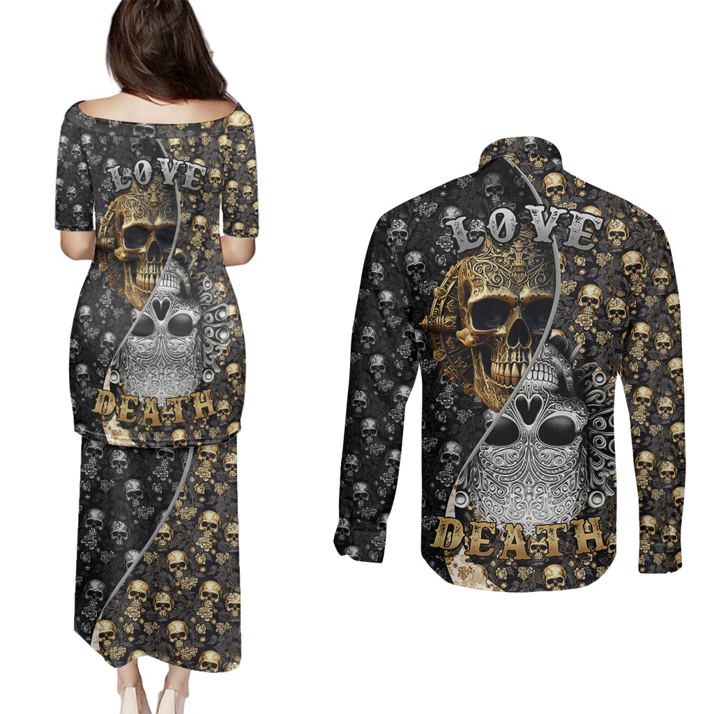 Skull Pattern Couples Matching Puletasi Dress and Long Sleeve Button Shirts Love and Death - Wonder Print Shop