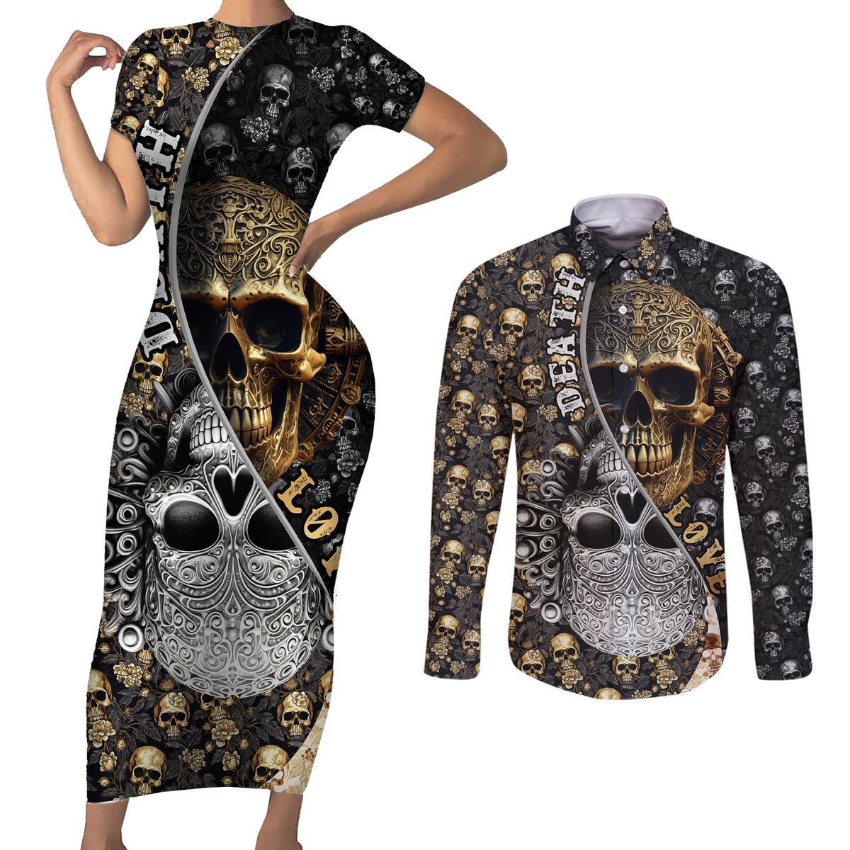Skull Pattern Couples Matching Short Sleeve Bodycon Dress and Long Sleeve Button Shirts Love and Death - Wonder Print Shop
