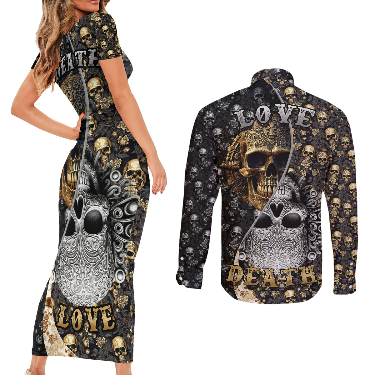 Skull Pattern Couples Matching Short Sleeve Bodycon Dress and Long Sleeve Button Shirts Love and Death - Wonder Print Shop