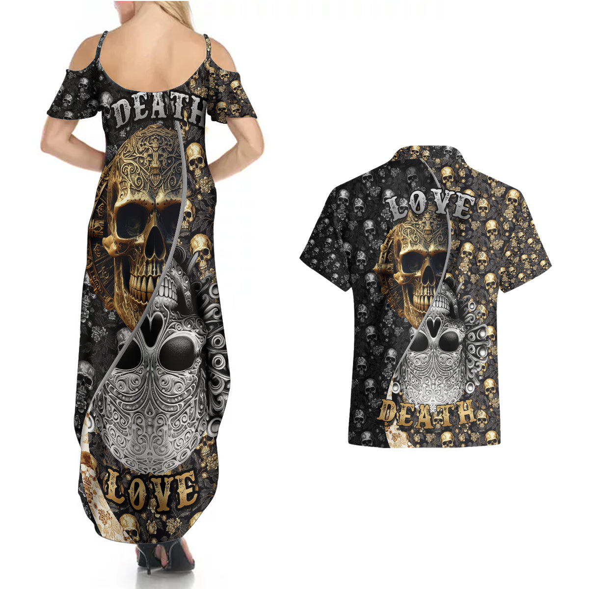 Skull Pattern Couples Matching Summer Maxi Dress and Hawaiian Shirt Love and Death - Wonder Print Shop