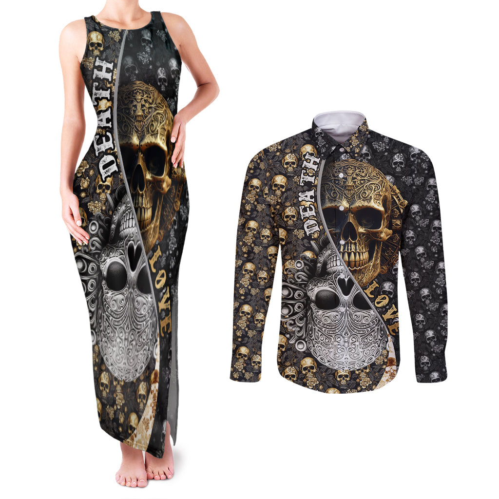 Skull Pattern Couples Matching Tank Maxi Dress and Long Sleeve Button Shirts Love and Death - Wonder Print Shop