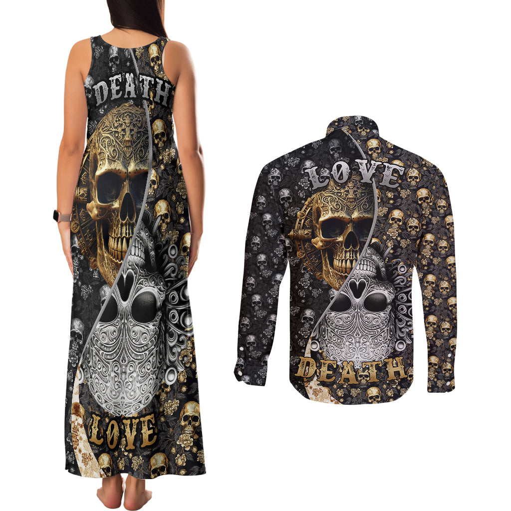 Skull Pattern Couples Matching Tank Maxi Dress and Long Sleeve Button Shirts Love and Death - Wonder Print Shop