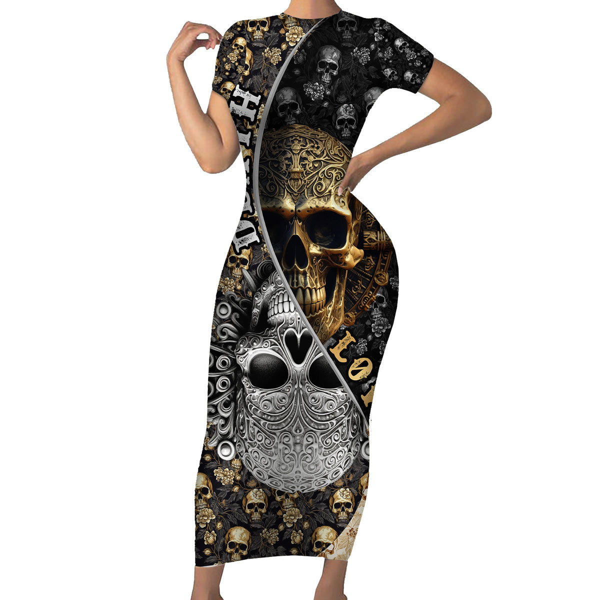 Skull Pattern Short Sleeve Bodycon Dress Love and Death - Wonder Print Shop