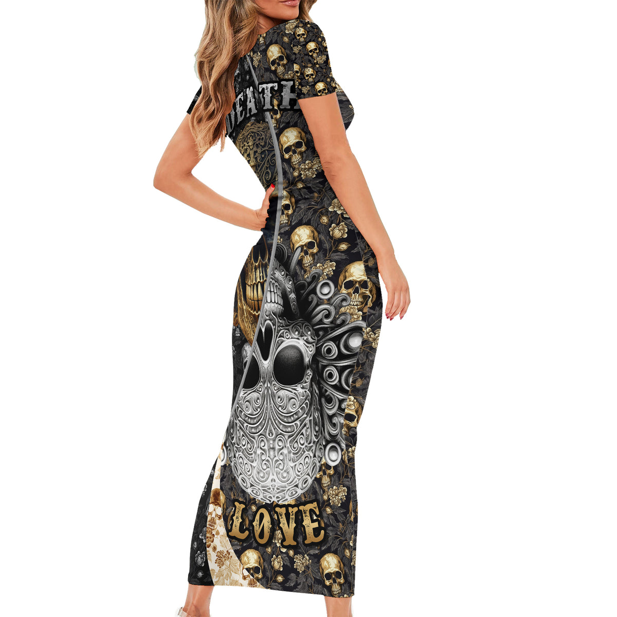 Skull Pattern Short Sleeve Bodycon Dress Love and Death - Wonder Print Shop