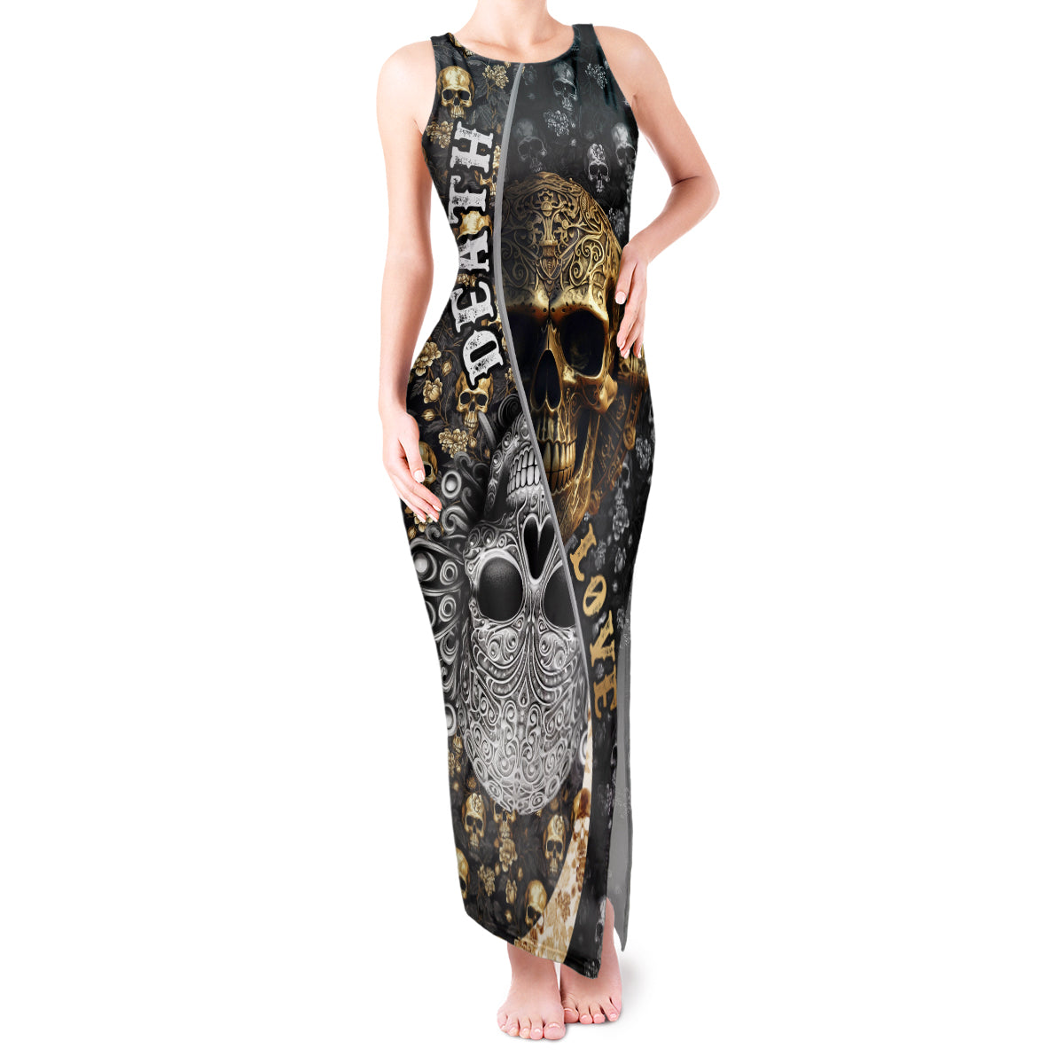 Skull Pattern Tank Maxi Dress Love and Death - Wonder Print Shop