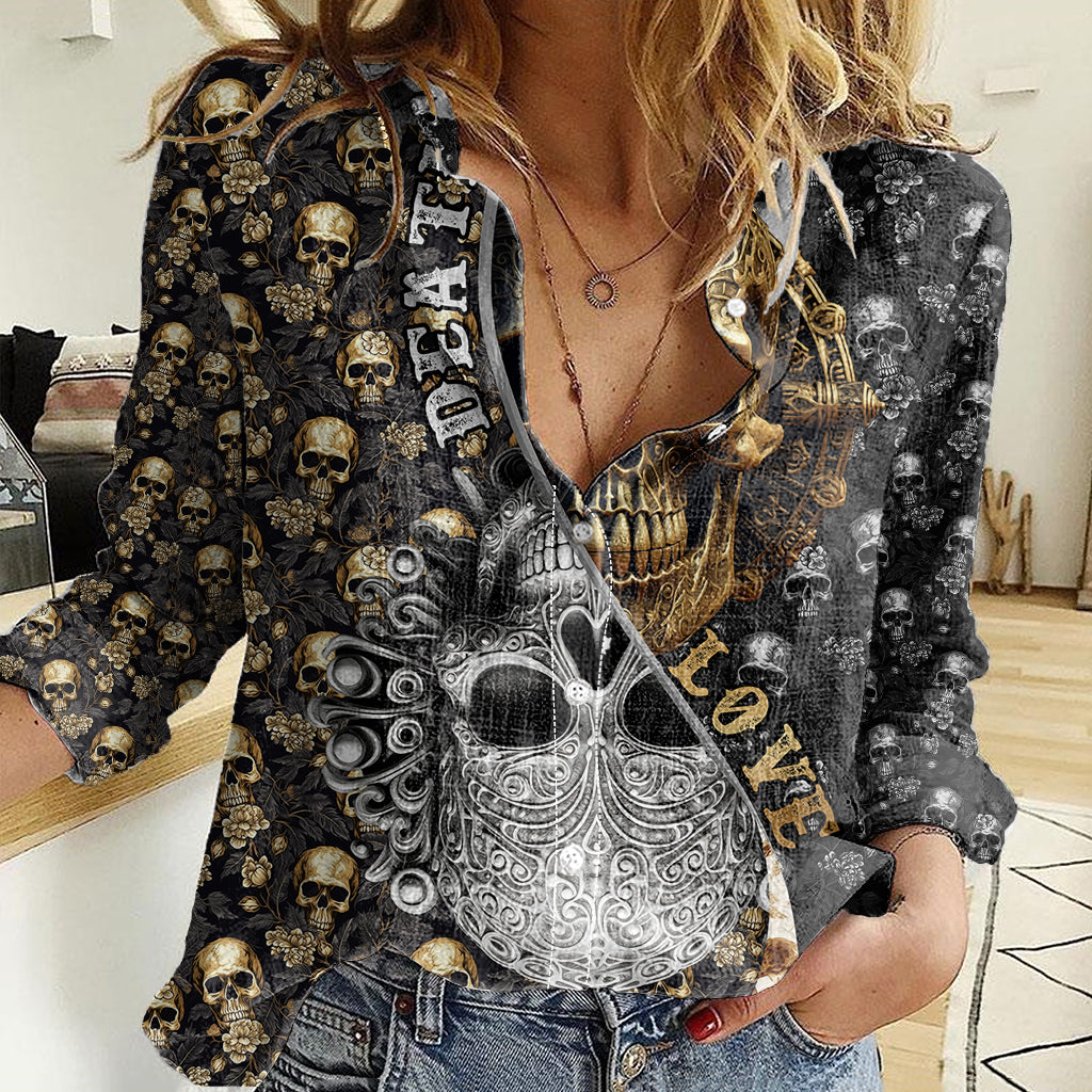 Skull Pattern Women Casual Shirt Love and Death - Wonder Print Shop