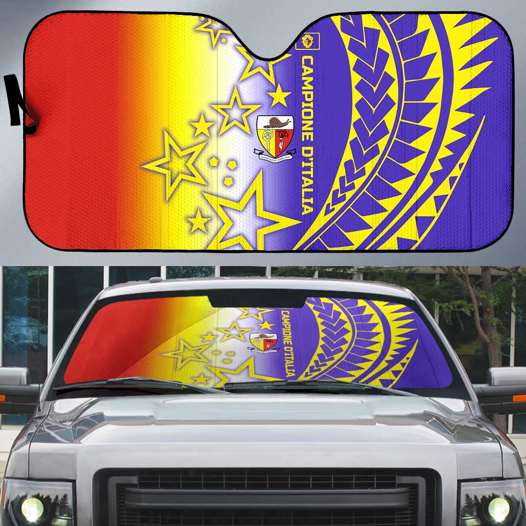 Campione d’Italia Auto Sun Shade with Yellow Purple Star Design and Town Crest - Wonder Print Shop