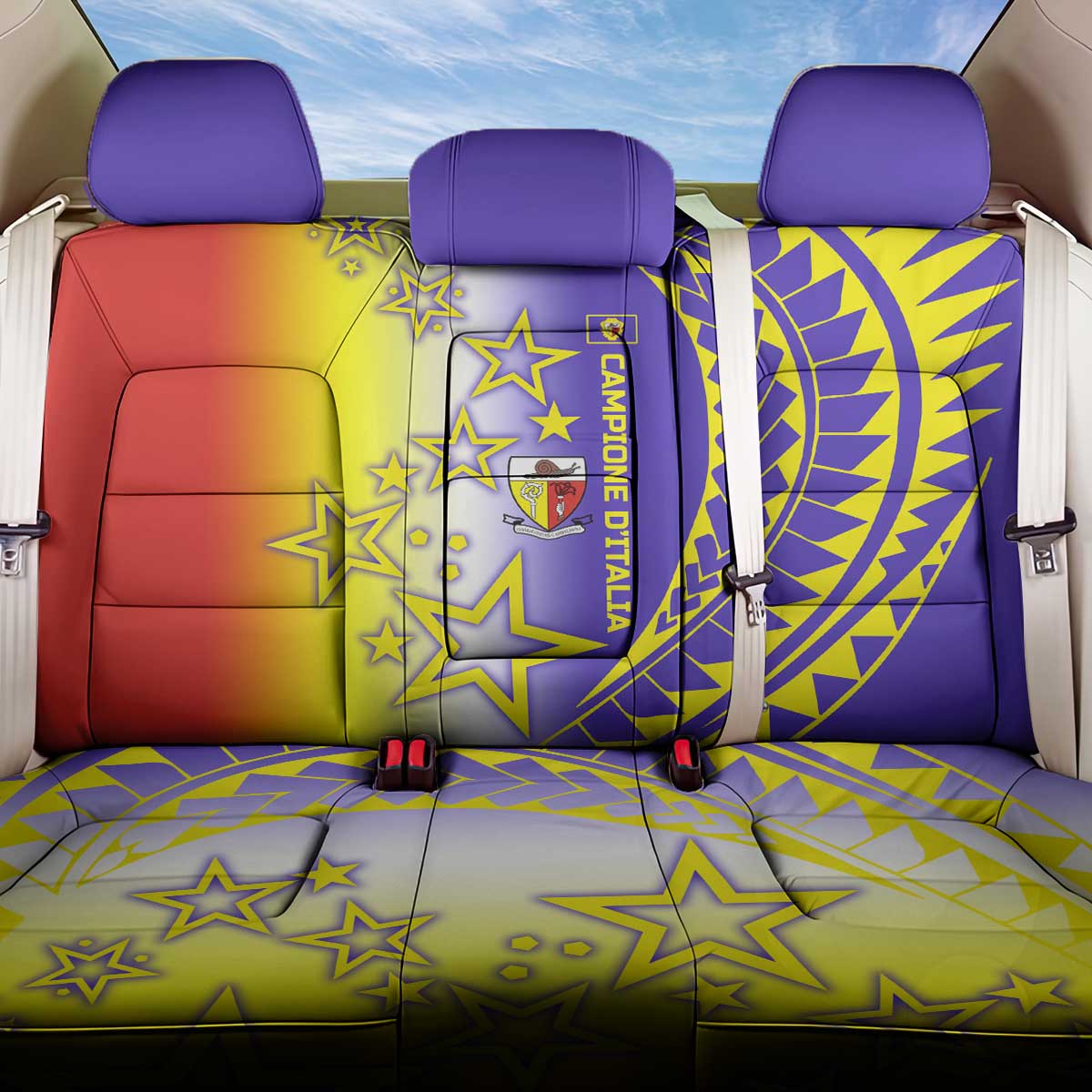 Campione d’Italia Back Car Seat Cover with Yellow Purple Star Design and Town Crest - Wonder Print Shop