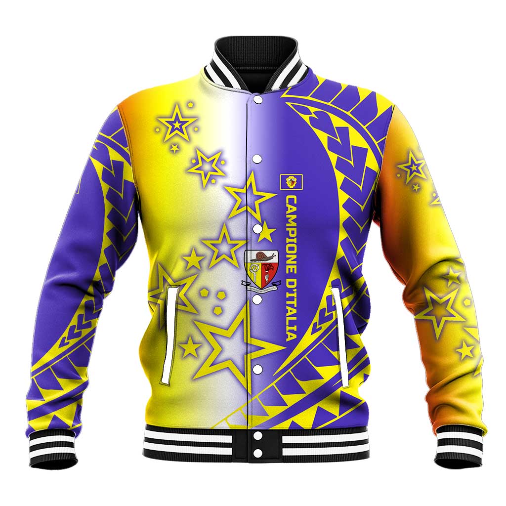 Campione d’Italia Baseball Jacket with Yellow Purple Star Design and Town Crest - Wonder Print Shop
