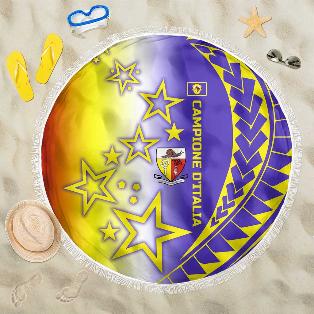 Campione d’Italia Beach Blanket with Yellow Purple Star Design and Town Crest - Wonder Print Shop