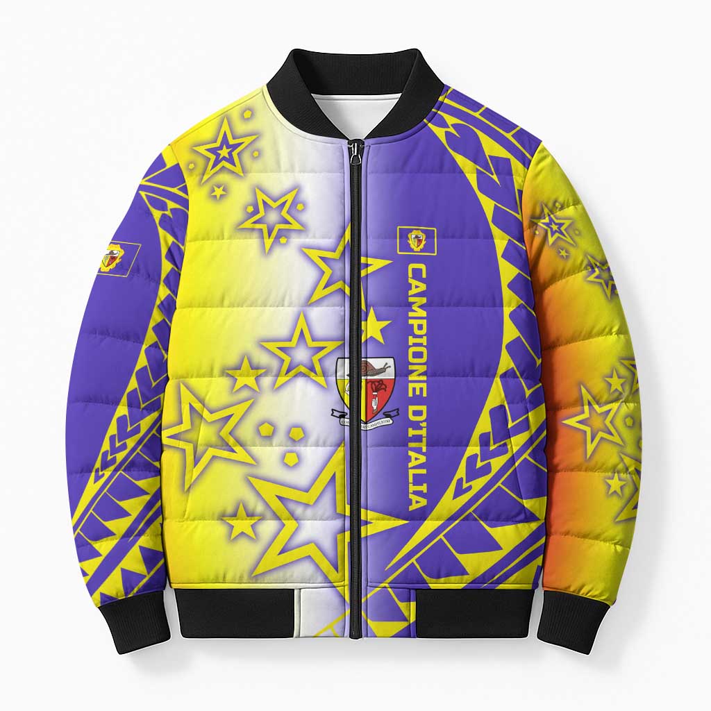 Campione d’Italia Bomber Puffer Jacket with Yellow Purple Star Design and Town Crest - Wonder Print Shop