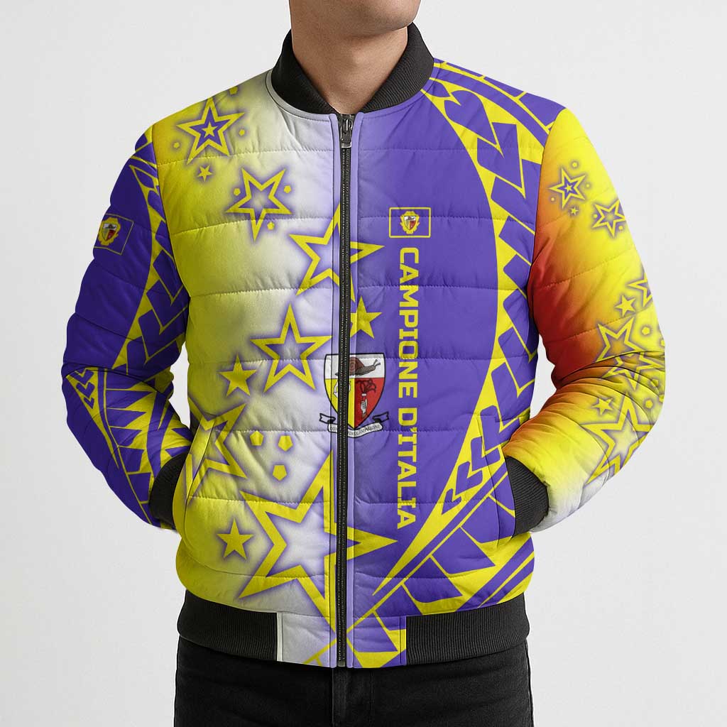Campione d’Italia Bomber Puffer Jacket with Yellow Purple Star Design and Town Crest - Wonder Print Shop