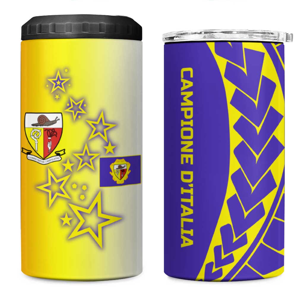 Campione d’Italia 4 in 1 Can Cooler Tumbler with Yellow Purple Star Design and Town Crest - Wonder Print Shop