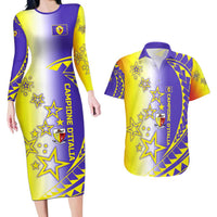 Campione d’Italia Couples Matching Long Sleeve Bodycon Dress and Hawaiian Shirt with Yellow Purple Star Design and Town Crest - Wonder Print Shop