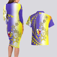 Campione d’Italia Couples Matching Long Sleeve Bodycon Dress and Hawaiian Shirt with Yellow Purple Star Design and Town Crest - Wonder Print Shop