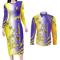 Campione d’Italia Couples Matching Long Sleeve Bodycon Dress and Long Sleeve Button Shirt with Yellow Purple Star Design and Town Crest - Wonder Print Shop
