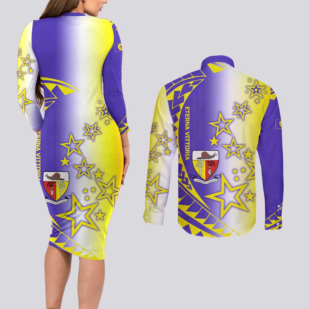 Campione d’Italia Couples Matching Long Sleeve Bodycon Dress and Long Sleeve Button Shirt with Yellow Purple Star Design and Town Crest - Wonder Print Shop
