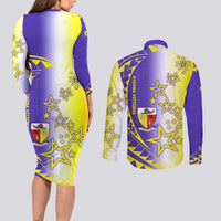 Campione d’Italia Couples Matching Long Sleeve Bodycon Dress and Long Sleeve Button Shirt with Yellow Purple Star Design and Town Crest - Wonder Print Shop