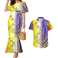 Campione d’Italia Couples Matching Mermaid Dress and Hawaiian Shirt with Yellow Purple Star Design and Town Crest - Wonder Print Shop
