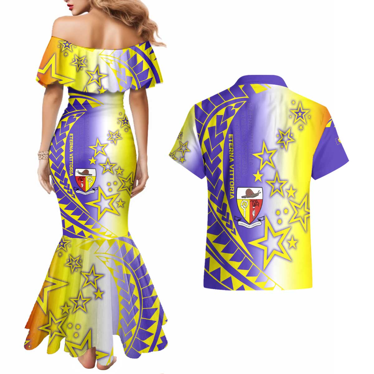 Campione d’Italia Couples Matching Mermaid Dress and Hawaiian Shirt with Yellow Purple Star Design and Town Crest - Wonder Print Shop
