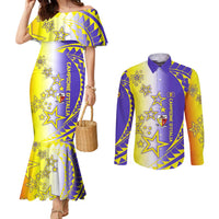 Campione d’Italia Couples Matching Mermaid Dress and Long Sleeve Button Shirt with Yellow Purple Star Design and Town Crest - Wonder Print Shop