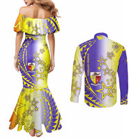Campione d’Italia Couples Matching Mermaid Dress and Long Sleeve Button Shirt with Yellow Purple Star Design and Town Crest - Wonder Print Shop