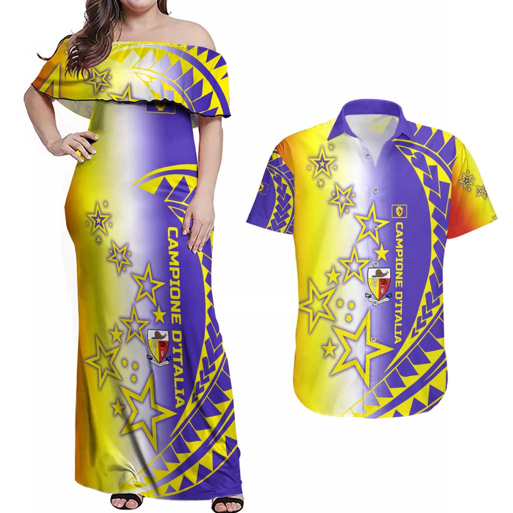 Campione d’Italia Couples Matching Off Shoulder Maxi Dress and Hawaiian Shirt with Yellow Purple Star Design and Town Crest - Wonder Print Shop
