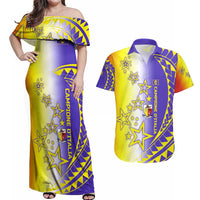 Campione d’Italia Couples Matching Off Shoulder Maxi Dress and Hawaiian Shirt with Yellow Purple Star Design and Town Crest - Wonder Print Shop
