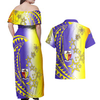 Campione d’Italia Couples Matching Off Shoulder Maxi Dress and Hawaiian Shirt with Yellow Purple Star Design and Town Crest - Wonder Print Shop