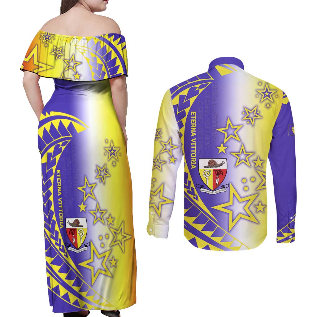 Campione d’Italia Couples Matching Off Shoulder Maxi Dress and Long Sleeve Button Shirt with Yellow Purple Star Design and Town Crest - Wonder Print Shop