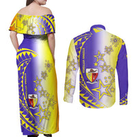 Campione d’Italia Couples Matching Off Shoulder Maxi Dress and Long Sleeve Button Shirt with Yellow Purple Star Design and Town Crest - Wonder Print Shop