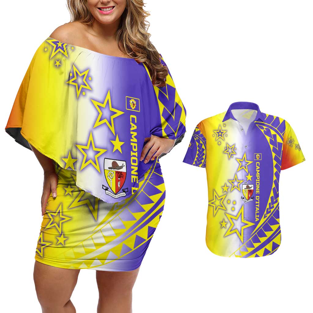 Campione d’Italia Couples Matching Off Shoulder Short Dress and Hawaiian Shirt with Yellow Purple Star Design and Town Crest - Wonder Print Shop