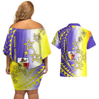 Campione d’Italia Couples Matching Off Shoulder Short Dress and Hawaiian Shirt with Yellow Purple Star Design and Town Crest - Wonder Print Shop