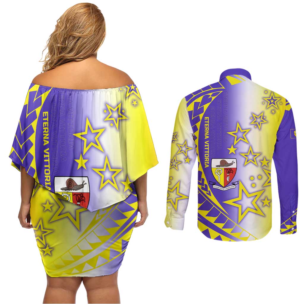 Campione d’Italia Couples Matching Off Shoulder Short Dress and Long Sleeve Button Shirt with Yellow Purple Star Design and Town Crest - Wonder Print Shop