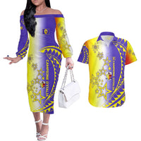 Campione d’Italia Couples Matching Off The Shoulder Long Sleeve Dress and Hawaiian Shirt with Yellow Purple Star Design and Town Crest - Wonder Print Shop