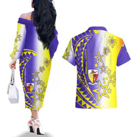 Campione d’Italia Couples Matching Off The Shoulder Long Sleeve Dress and Hawaiian Shirt with Yellow Purple Star Design and Town Crest - Wonder Print Shop