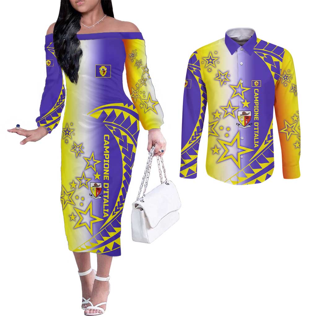 Campione d’Italia Couples Matching Off The Shoulder Long Sleeve Dress and Long Sleeve Button Shirt with Yellow Purple Star Design and Town Crest - Wonder Print Shop