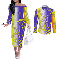 Campione d’Italia Couples Matching Off The Shoulder Long Sleeve Dress and Long Sleeve Button Shirt with Yellow Purple Star Design and Town Crest - Wonder Print Shop
